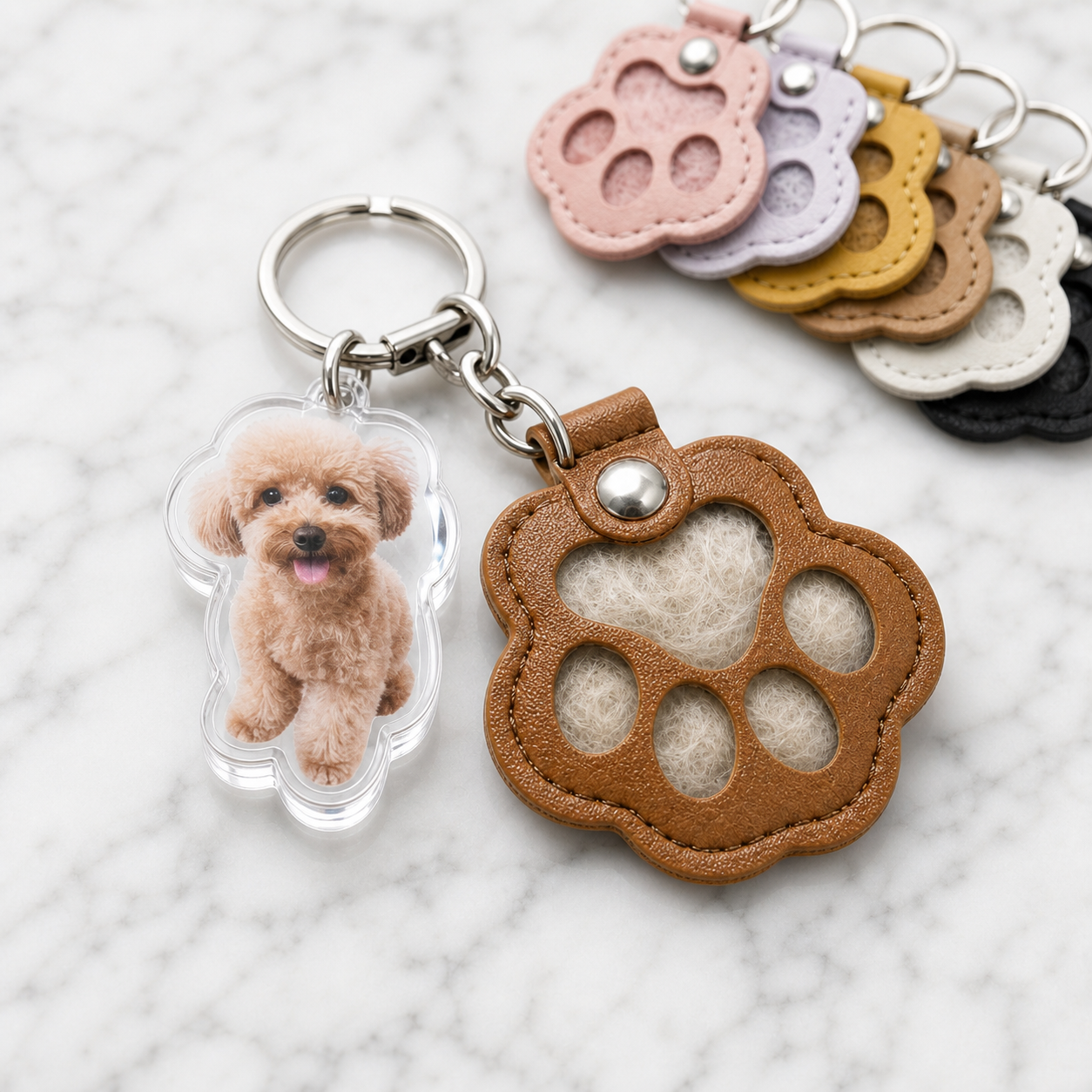 Custom pet portrait acrylic tag bundled with leather paw print fur keepsake keychain on white marble