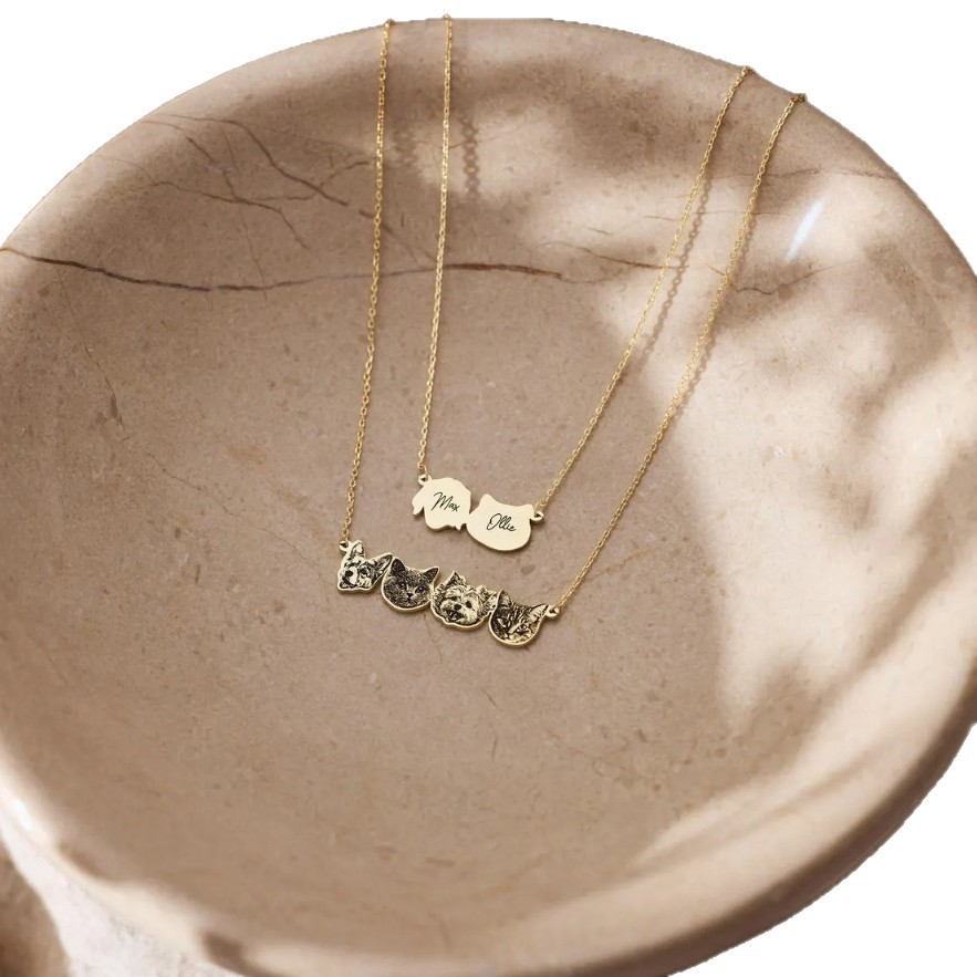 Custom pet portrait necklace front portrait and back engraving detail
