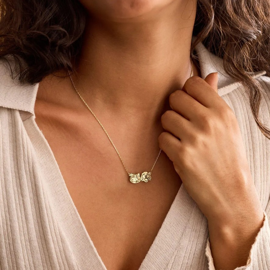 Personalized pet portrait necklace worn as memorial jewelry gift