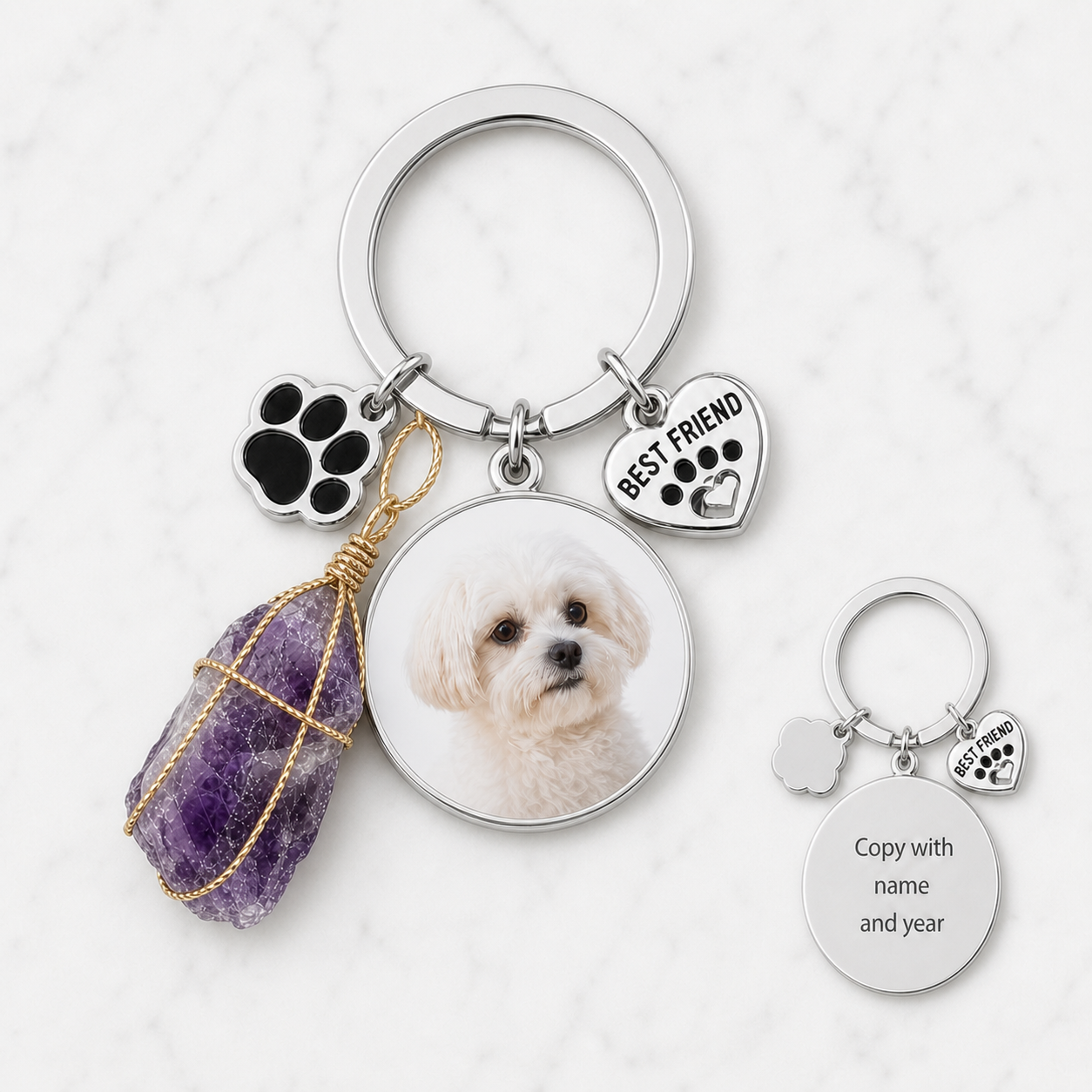 Luna Arcana Calm Guardian pet crystal keepsake with amethyst pendant and custom pet photo tag
