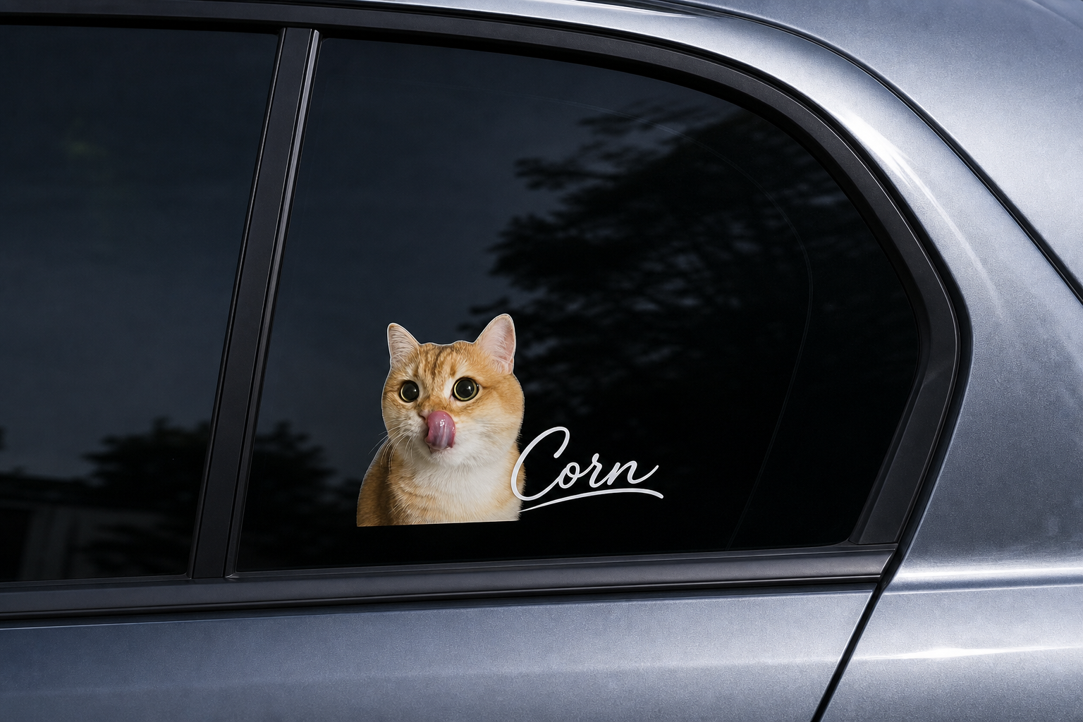 SoulPaw custom pet car sticker on a dark car window with pet name Corn
